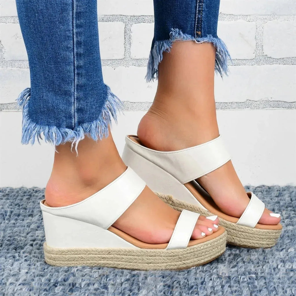 Women's hemp wedge heel slippers by Nova Mart, casual sandal style with open toe and supportive ankle strap, natural materials.