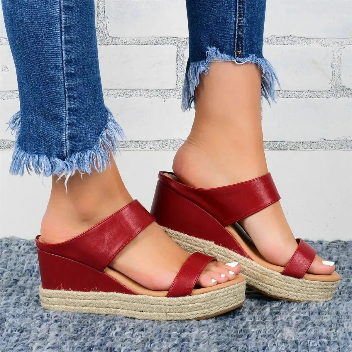 Women's hemp wedge heel slippers by Nova Mart, casual sandals with open toes and comfortable straps for everyday wear.