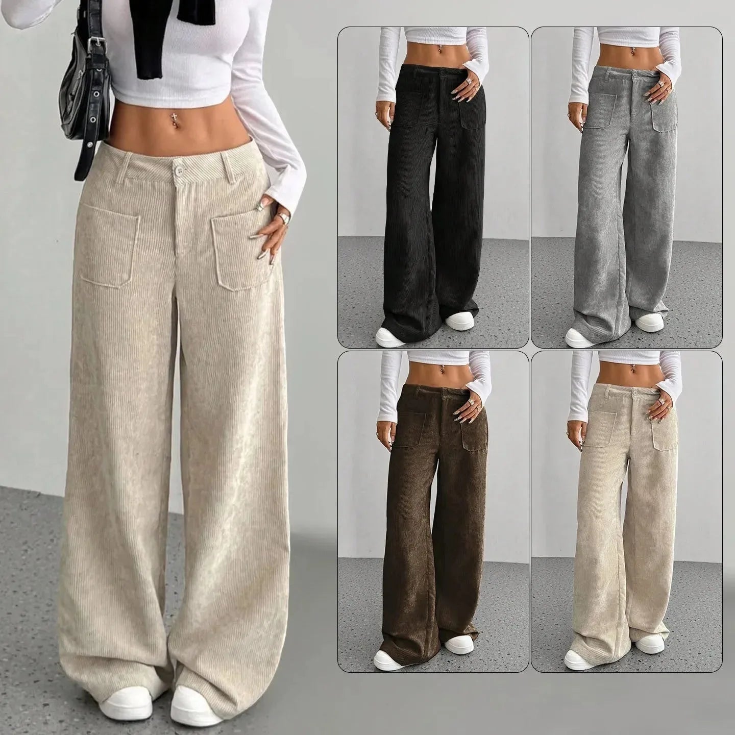 Women's loose fit corduroy wide-leg pants by Nova Mart, shown in a natural relaxed fit with a high waist and wide cuffs.