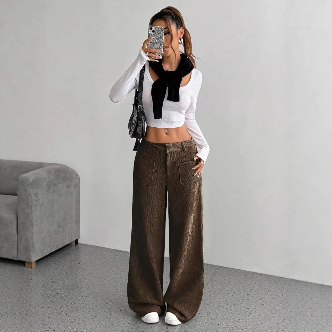 Women's loose corduroy wide-leg pants from Nova Mart, shown in a relaxed fit with a high waist and wide-leg silhouette.