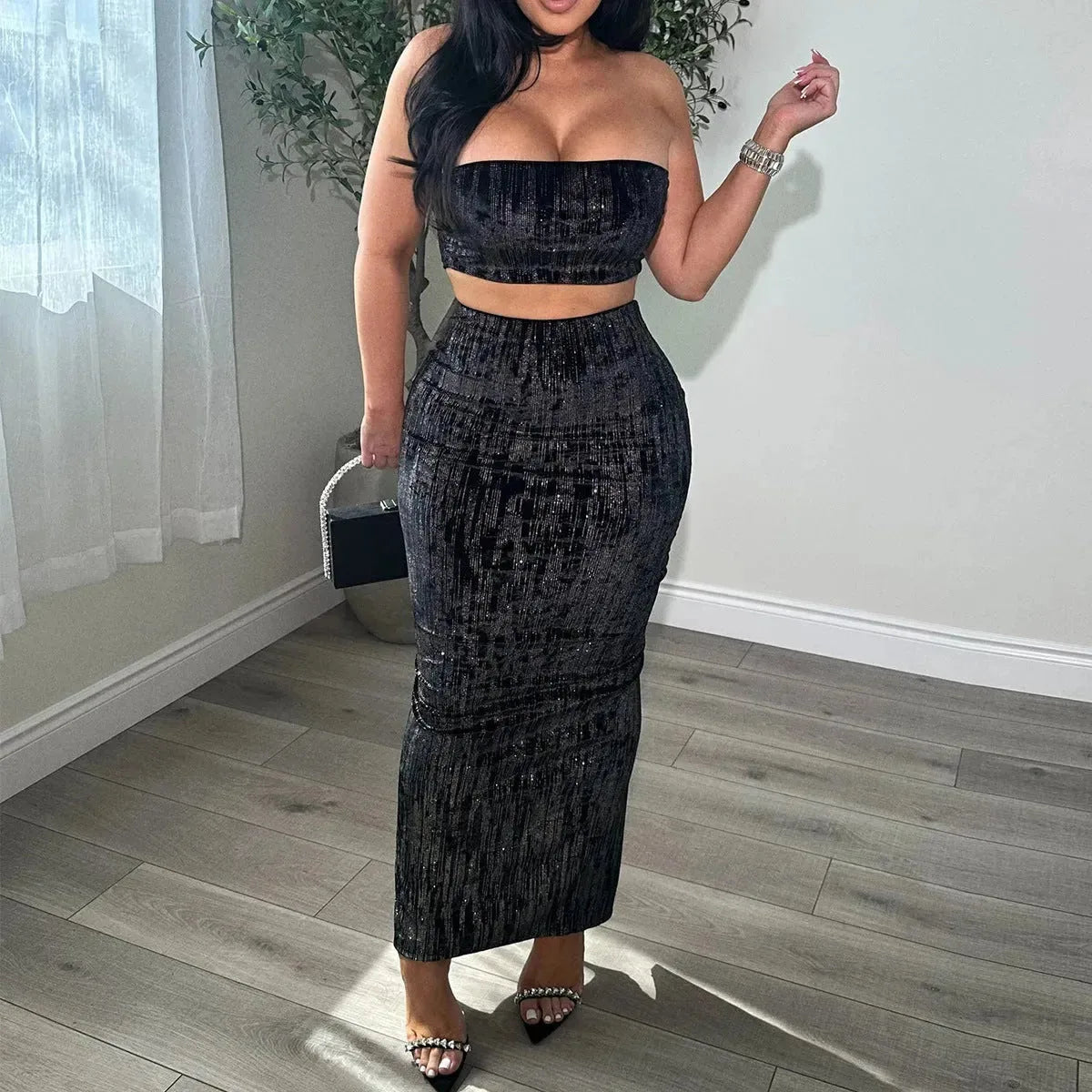 Women's midriff-baring tube top and skirt set by Nova Mart, featuring a stylish matching clothing ensemble.