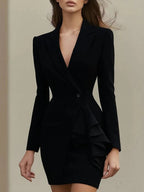 Women's blazer dress with notch lapel and wooden trim earrings, stylish and elegant outfit by Nova Mart.