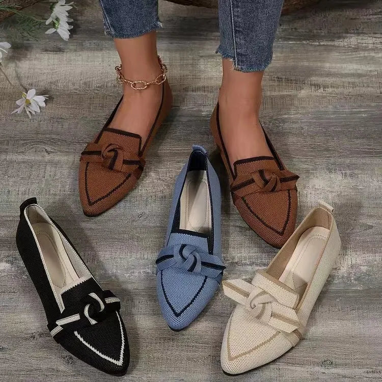 Women's pointed toe bow flat shoes by Nova Mart, woven slip-on shoes with elegant design and comfortable fit.