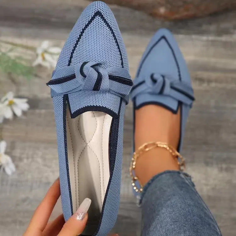 Women's pointed toe bow flat shoes by Nova Mart, woven slip-on flats with stylish design and comfortable fit.
