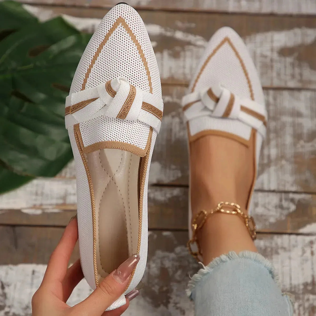 Women's pointed toe bow flat shoes by Nova Mart, woven slip-on flats with stylish design and comfortable fit.