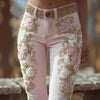Women's retro pink rose embroidered printed jeans by Nova Mart, showcasing floral embroidery and classic denim style.