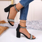 Women's rhinestone high heel sandals with chunky straps and open toe design by Nova Mart, stylish and glamorous footwear option