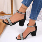 Women's rhinestone high heel sandals with chunky straps by Nova Mart, showcasing sparkling rhinestones and stylish design.
