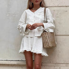 Women's ruffle-trim shorts casual two-piece set by Nova Mart, featuring a stylish top and matching shorts for a trendy look.