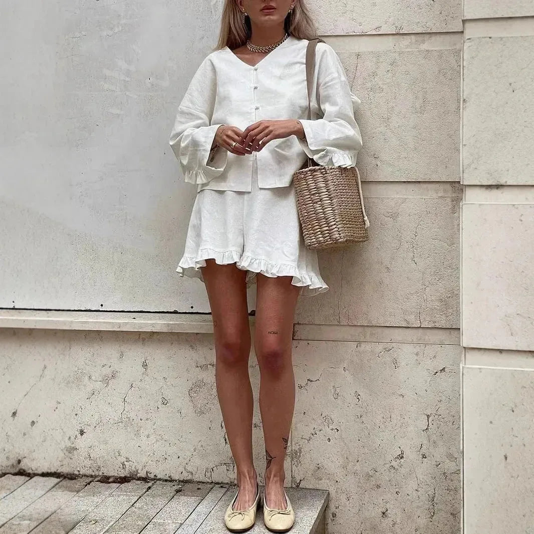 Women's ruffle-trim shorts casual two-piece set by Nova Mart, featuring a stylish top and matching shorts for everyday wear.