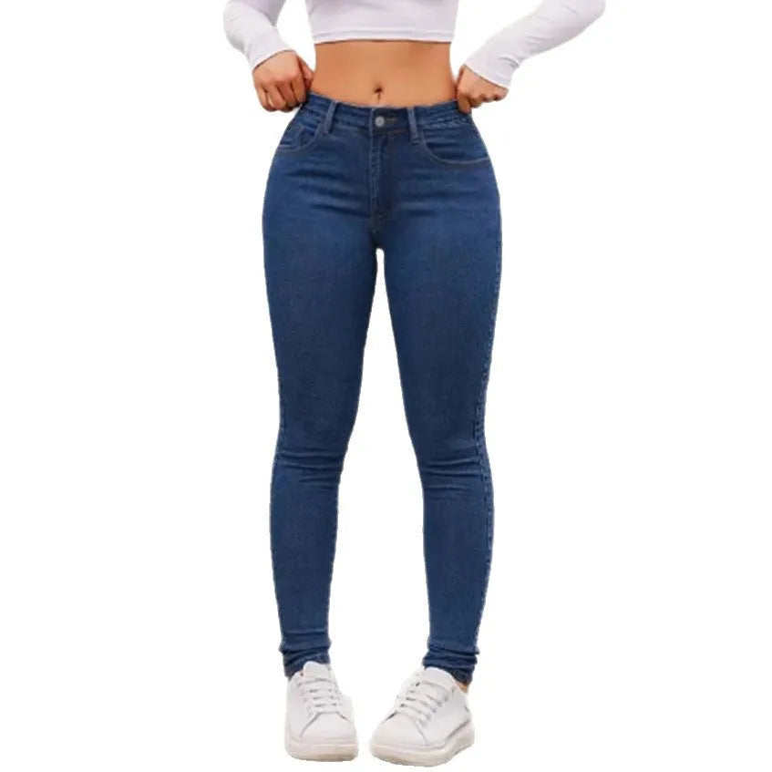 Women's Skinny Stretch Jeans by Nova Mart, showcasing fitted denim with a high-rise waist and classic five-pocket design.