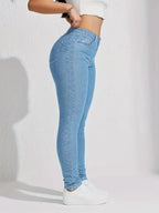 Women's skinny stretch jeans by Nova Mart, fitted denim with a classic five-pocket design and a dark blue wash.