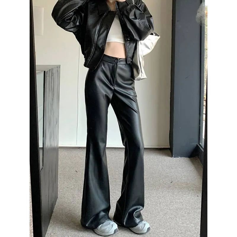 Women's slim fit leather bootcut trousers from Nova Mart, showcasing tailored black pants with a smooth leather finish.