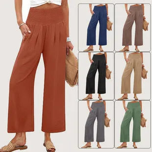 Women's solid-color cropped high-waist pants by Nova Mart, shown in neutral fabric with a relaxed fit and high-rise waist.