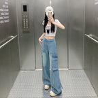 Women's straight-leg floor-length pants by Nova Mart featuring large pockets, made from comfortable, casual fabric.