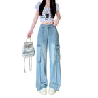 Women's straight-leg floor-length pants by Nova Mart with large functional pockets, stylish and comfortable for everyday wear.