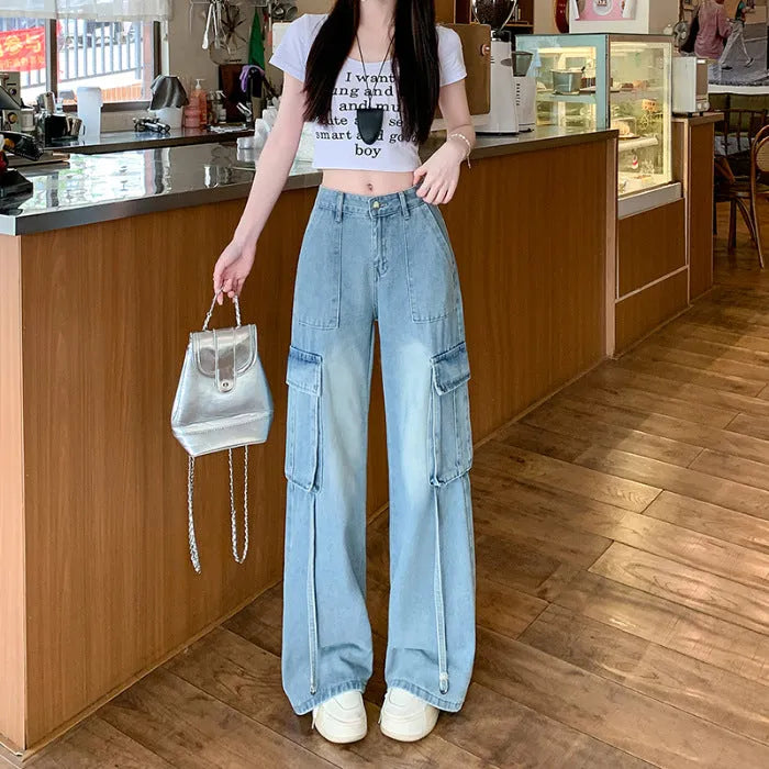 Women's straight-leg, floor-length pants with large pockets by Nova Mart, featuring a relaxed fit and casual style.