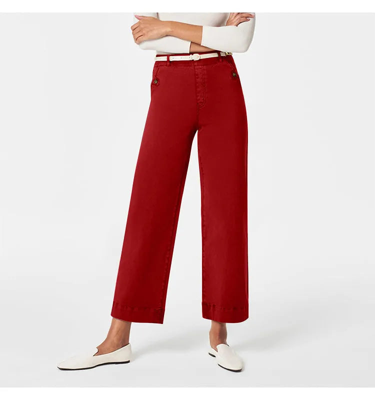 Women's straight-leg wide-leg cropped jeans by Nova Mart, shown in light denim with rolled cuffs and classic five-pocket design.