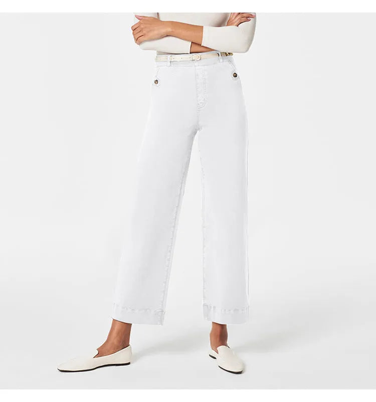 Women's straight-leg wide-leg cropped jeans by Nova Mart, shown in a light denim wash with a relaxed fit and high waist.