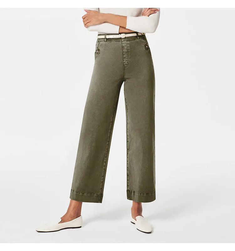 Women's straight-leg wide-leg cropped jeans by Nova Mart displayed on a hanger with a casual fit and light blue denim fabric.