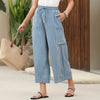 Women's summer striped straight-leg pants by Nova Mart, featuring lightweight fabric and casual fit in blue and white stripes.