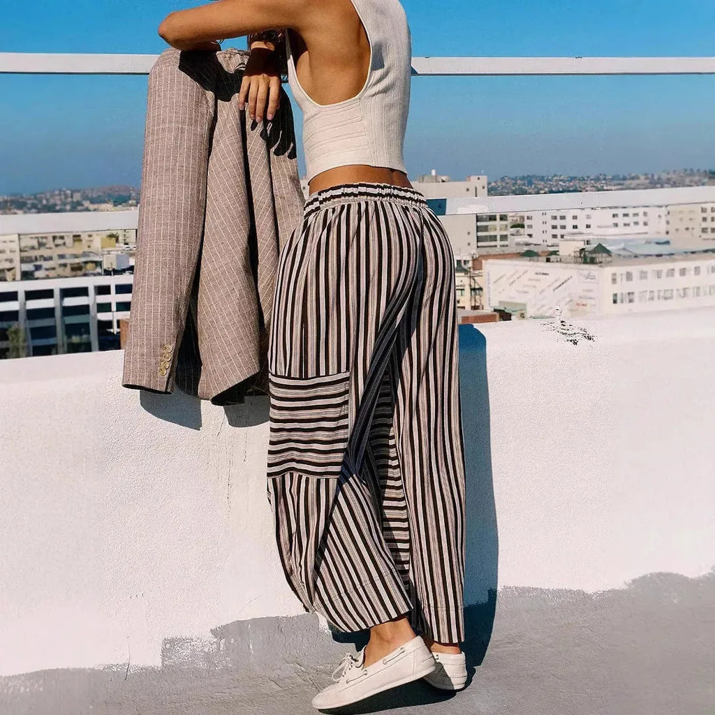 Women's summer striped straight-leg pants by Nova Mart, featuring lightweight fabric and a casual, stylish fit.