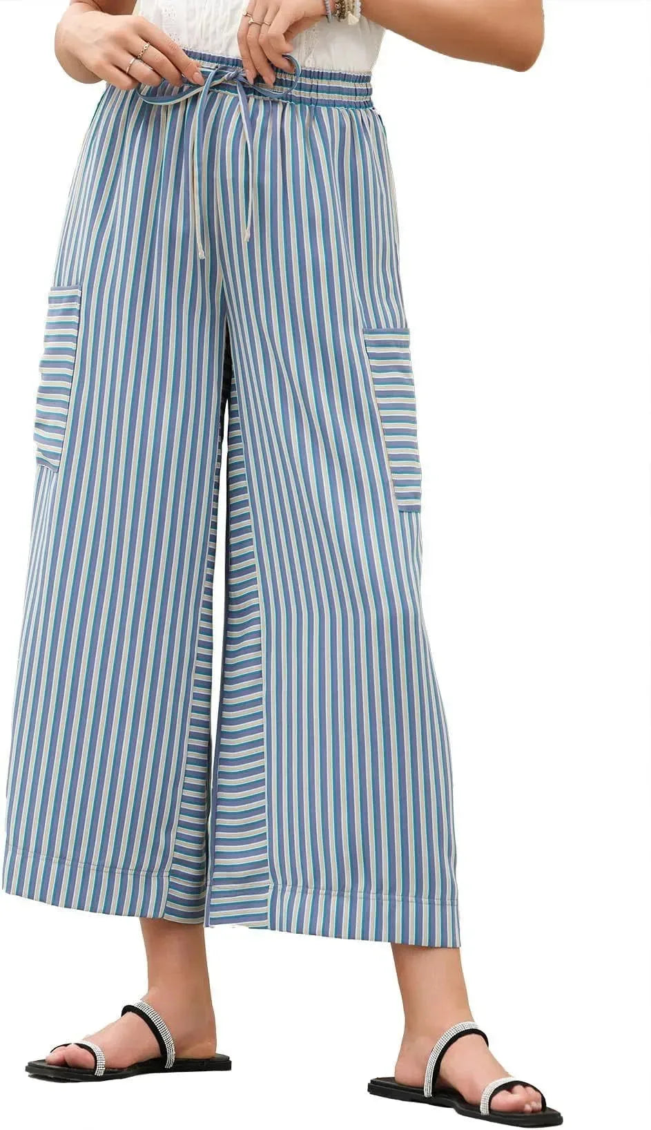Women’s summer striped straight-leg pants by Nova Mart, featuring lightweight fabric and a casual, comfortable fit.
