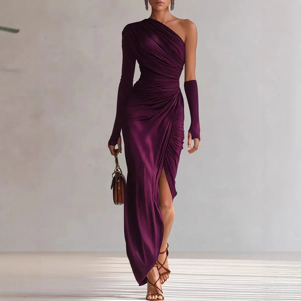 Women's textured long-sleeve elegant French-style dress by Nova Mart, showcasing a fitted silhouette and intricate fabric details.