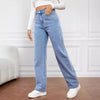 Women's washed straight-leg jeans by Nova Mart displayed on a hanger, showcasing their casual fit and faded denim finish.