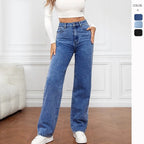 Women's washed straight-leg jeans by Nova Mart shown in light denim with a classic fit and casual style.