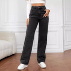 Women's washed straight-leg jeans by Nova Mart, showcasing light blue denim with a relaxed fit and classic five-pocket design.