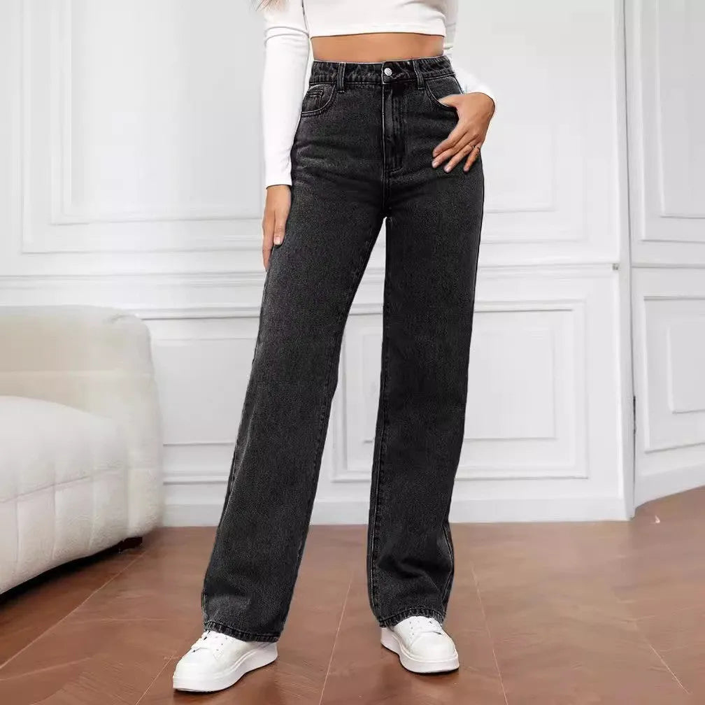 Women's washed straight-leg jeans by Nova Mart, showcasing light blue denim with a relaxed fit and classic five-pocket design.