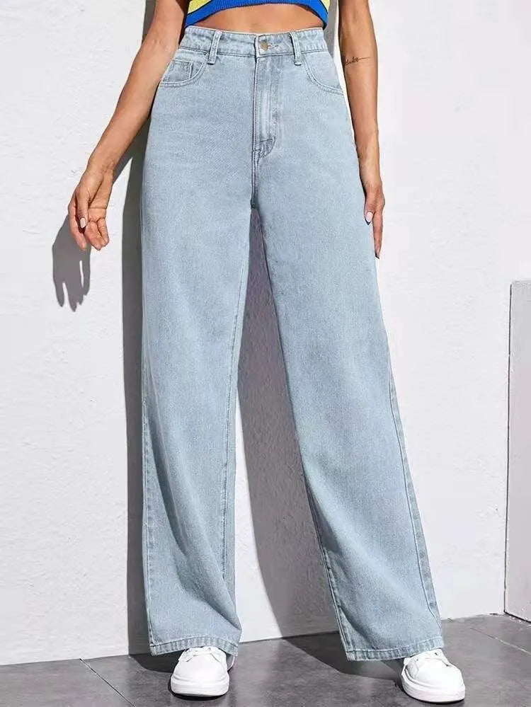 Women’s washed straight-leg jeans by Nova Mart, showing relaxed fit and light distressed denim with front pockets and belt loops.