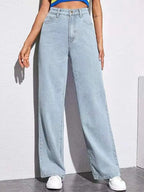 Women’s washed straight-leg jeans by Nova Mart, showing relaxed fit and light distressed denim with front pockets and belt loops.