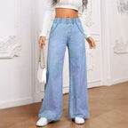 Women’s wide-leg street style casual straight jeans by Nova Mart, showing the relaxed fit and classic denim fabric.