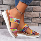 Women's woven wedge sandals with ethnic-style wide straps and a cork heel, by Nova Mart, perfect for casual summer wear.